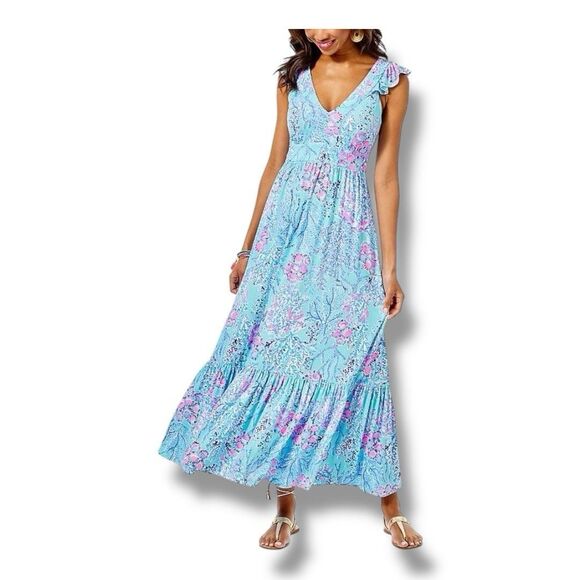 Lilly Pulitzer Vyra Maxi Dress Flutter Ruffle  Blue Ibbiza Multi Womens Size 0 - Picture 1 of 16